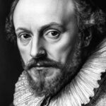 Black-and-white portrait of William Shakespeare with a ruffled collar and detailed engraving style