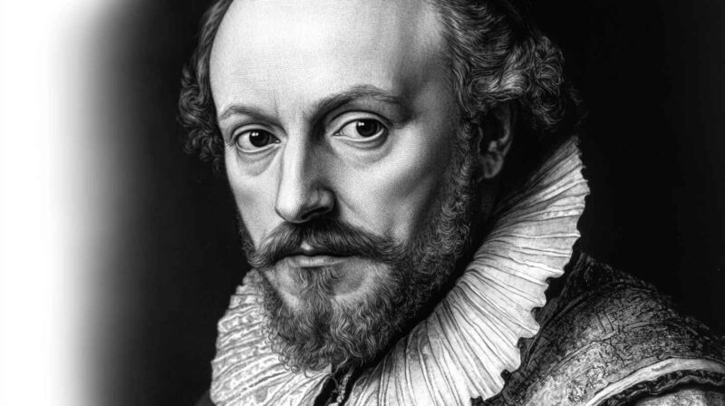 Black-and-white portrait of William Shakespeare with a ruffled collar and detailed engraving style