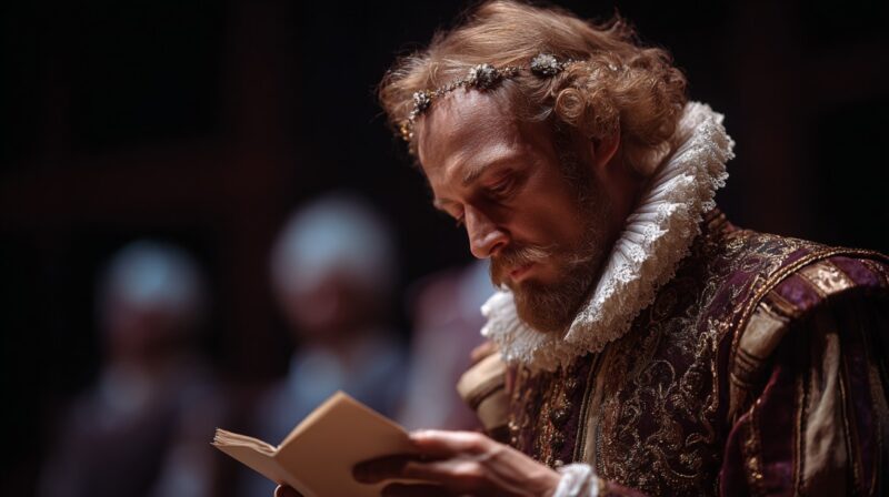 Actor in Shakespearean costume reading a book under stage lighting, symbolizing scholarly review of Shakespeare’s words