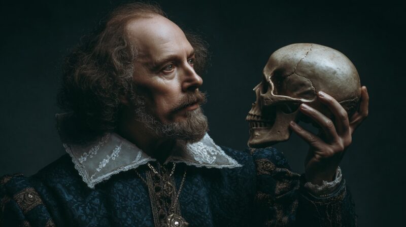 Actor in Shakespearean costume holding a skull, referencing Hamlet’s famous soliloquy, symbolizing Shakespeare’s literary legacy