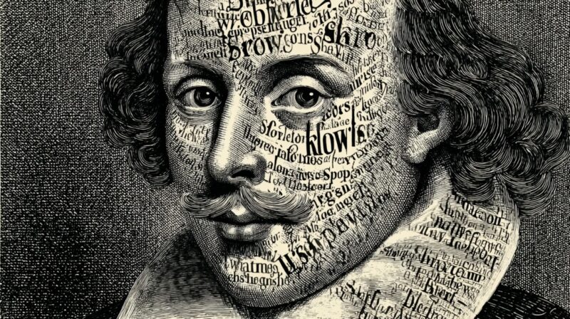 Engraved portrait of Shakespeare with his face filled in by words, symbolizing his massive contribution to the English lexicon