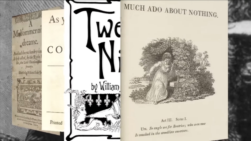 Covers of classic Shakespeare plays shown side by side, including Much Ado About Nothing and Twelfth Night
