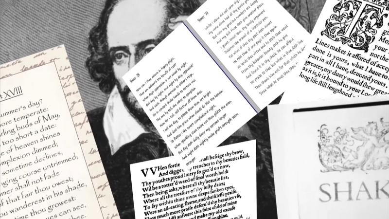 Printed pages of Shakespeare’s sonnets and writings scattered over a portrait of William Shakespeare