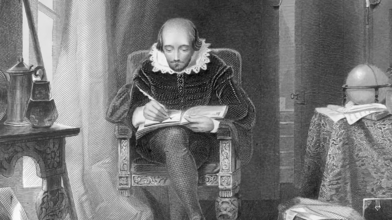 A black and white illustration of William Shakespeare seated and writing at a desk