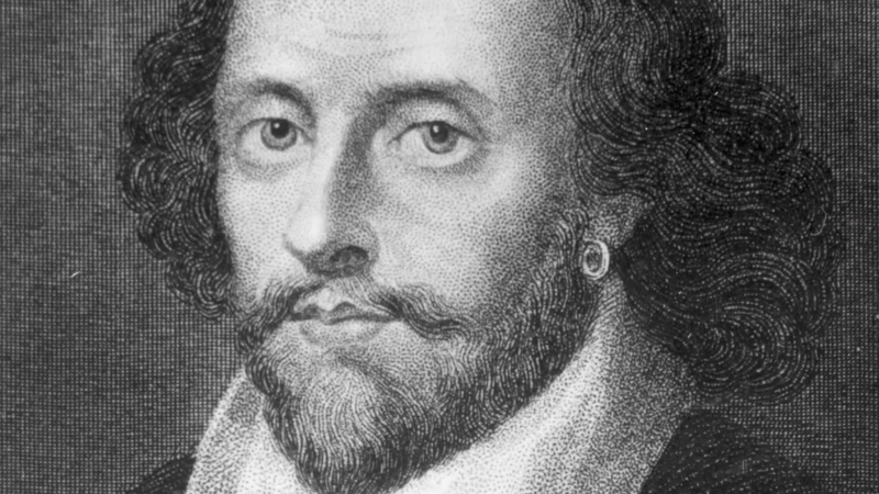 A black and white portrait of William Shakespeare