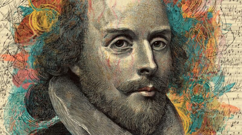 Stylized engraved portrait of a Renaissance era man with a colorful abstract background and handwritten notes