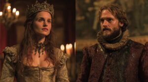 A crowned woman and a bearded man in elaborate Renaissance-style clothing facing forward in a candlelit hall