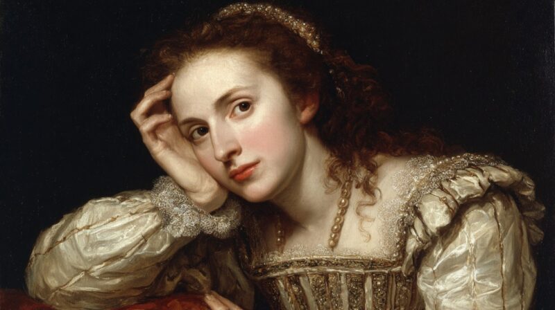Classical oil painting of a young woman in Renaissance clothing resting her head on her hand