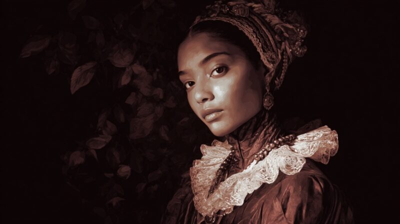 A stylized portrait of a woman in Elizabethan era clothing with a lace collar and head covering against a dark background