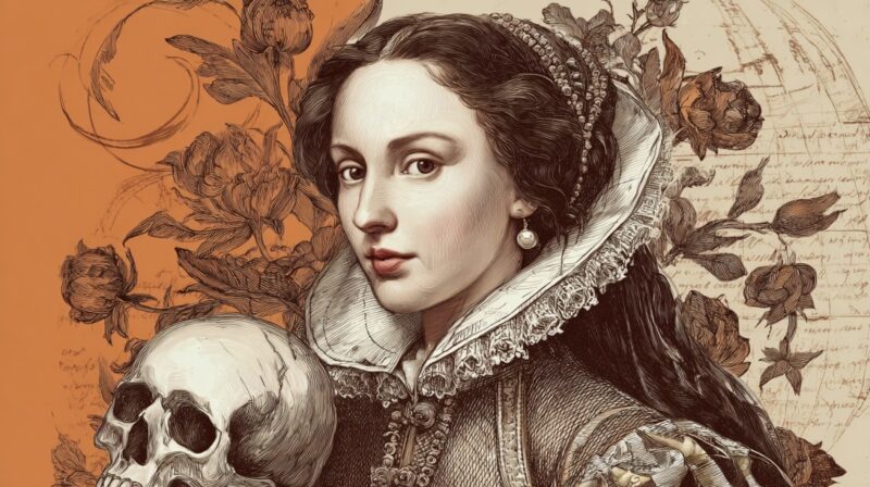 An illustrated portrait of an Elizabethan woman holding a skull, surrounded by floral motifs and handwritten text