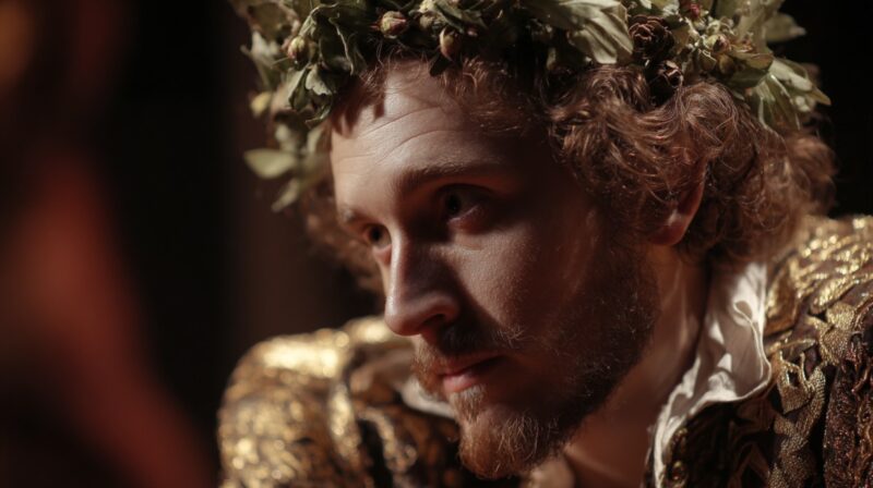 A dramatic close up of an Elizabethan actor wearing a laurel crown on a dimly lit stage