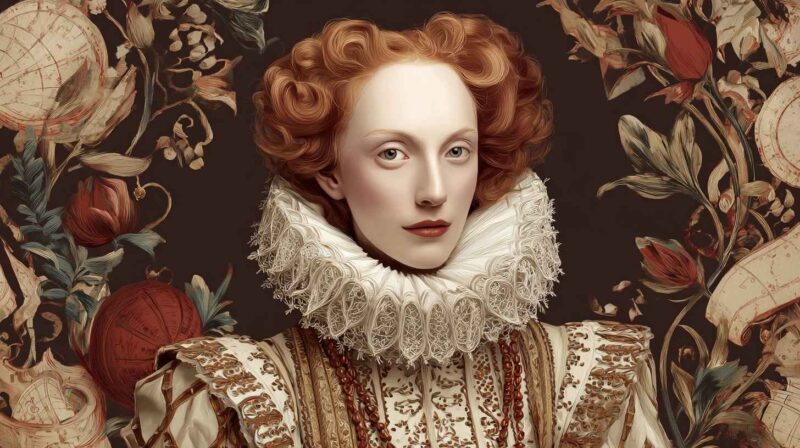 Portrait of a Renaissance-era woman wearing an ornate ruffled collar and embroidered dress