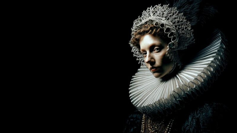 A dramatic portrait of an Elizabethan woman wearing an ornate ruff collar against a dark background