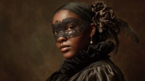 A woman wearing a dark lace mask and Renaissance inspired clothing looks over her shoulder against a muted background