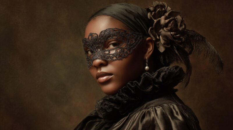A woman wearing a dark lace mask and Renaissance inspired clothing looks over her shoulder against a muted background