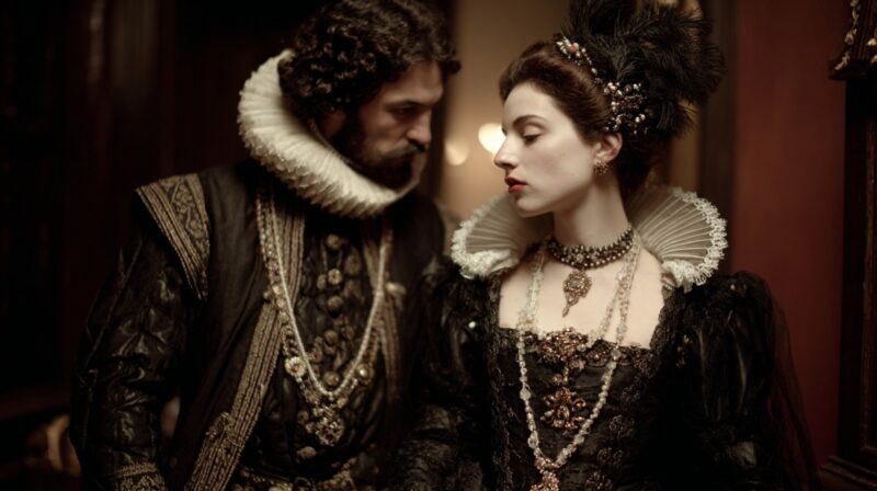 A man and woman in ornate Renaissance clothing stand close together in a dimly lit interior, their expressions serious and restrained
