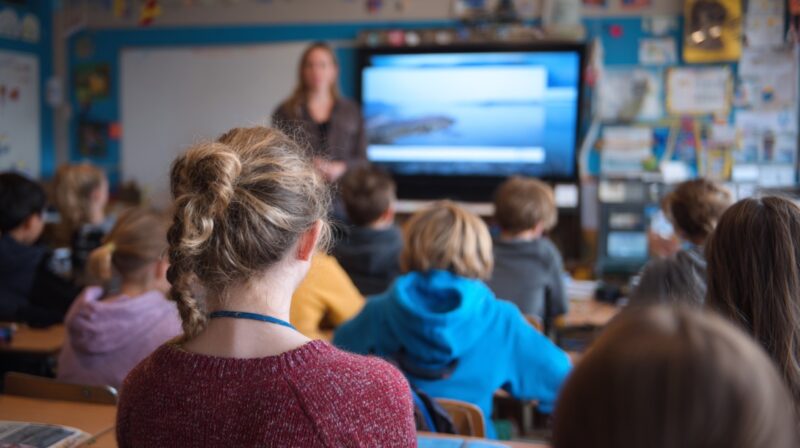 Elementary classroom with students seated at desks, watching a teacher present a lesson on a large screen at the front of the room