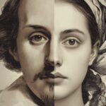 Split portrait showing a male and female face merged into one illustration