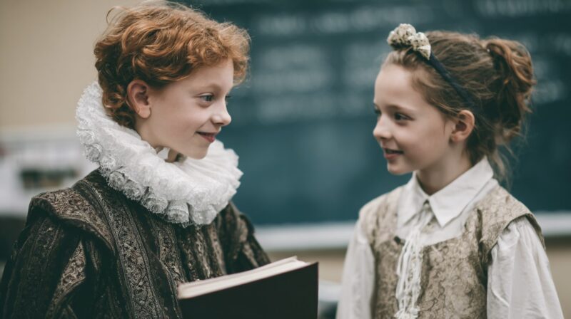 Two children in Shakespearean-style costumes smiling at each other in a classroom, one holding a book, with a chalkboard in the background