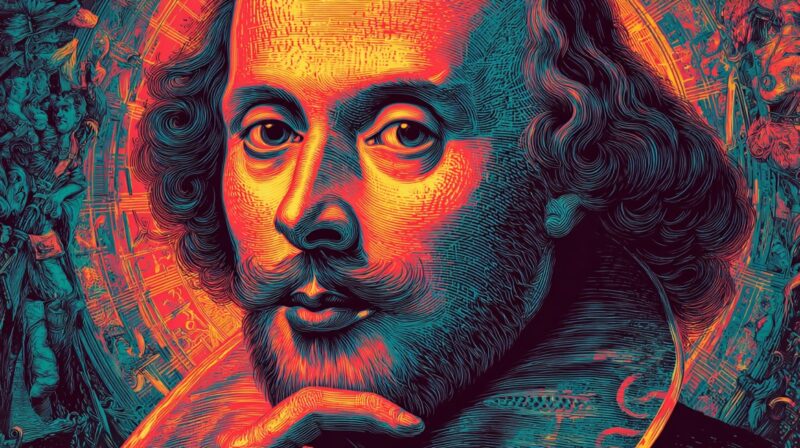 A colorful illustrated portrait of an Elizabethan era writer surrounded by theatrical imagery